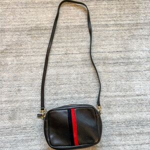 Clare V Perforated Leather Crossbody Black Red Navy Stripe
